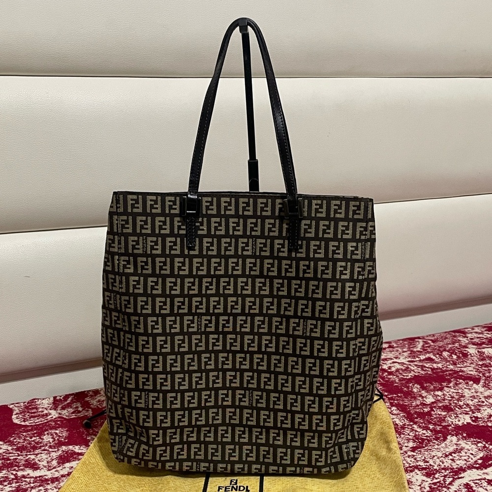 Fendi Brown Monogram Canvas Tote with Black Leather Handles
